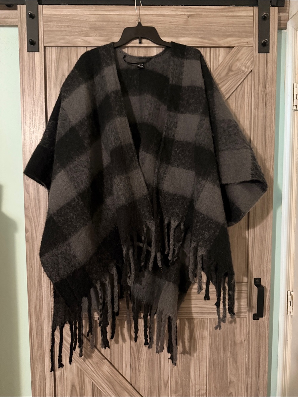Aqua Black and Gray Plaid Fringe Poncho